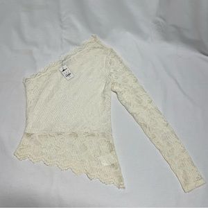 White lace asymmetrical one long sleeve top by Express size SX.